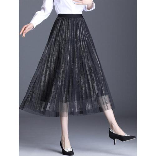 Mesh Skirt Female High Waist 2021 New Spring And Summer Thin A-Line Loose Drape Mid-Length Pleated Yarn Skirt Elegan Jupe zh997