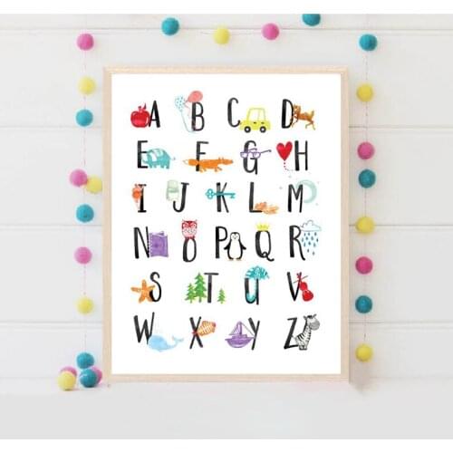 Funny ABC Alphabet With Animals Canvas Poster Wall Art Cartoon Alphabet Picture Children Bedroom Wall Art Decor Beginner Educate