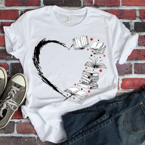 Harajuku Top Women T-shirt Casual Ladies Heart Book Print Basic O-collar Short Sleeved Women T-shirt Girl,Drop Ship