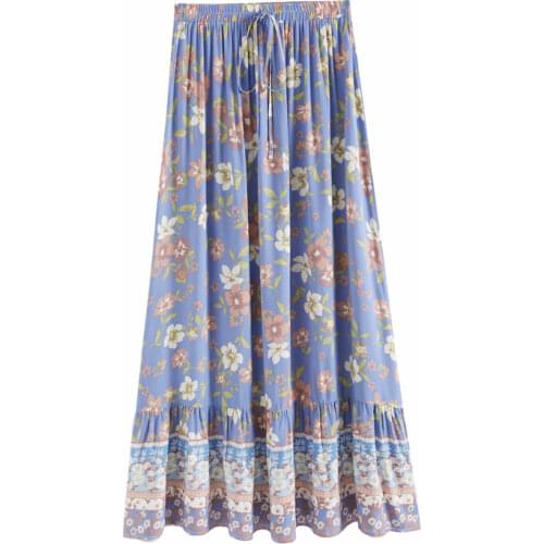 Vintage Mujer Maxi Hippie Boho Fadal Rayon Cotton Elastic Waist Women Boho Skirts Floral Print Casual Skirt