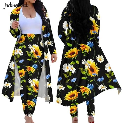Jackherelook Sunflower Daisy Floral Print Plus Size Open Front Cardigan Pants Sets Women 2 piece Outfits Bodycon Long Leggings