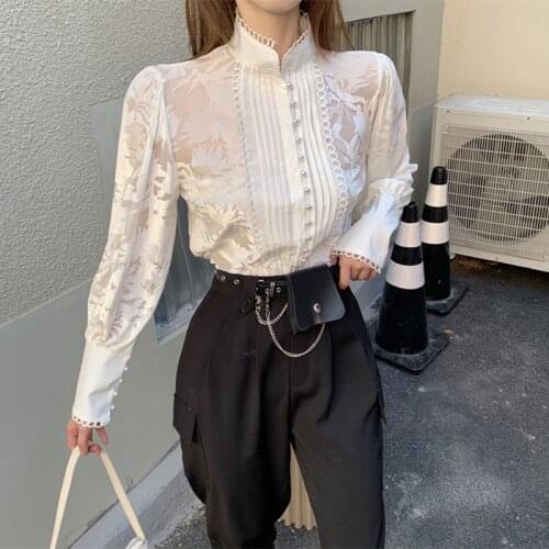 Korean Two-Piece Set Women 2020 Winter New Temperament Stand-up Collar Puff Sleeve Shirt Tops Female + Harem Pants Suit Female