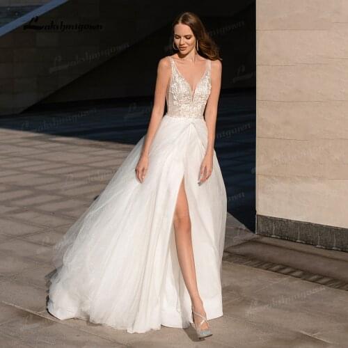 Sexy Bohemian Wedding Dress 2022 Deep V Neck Beads Appliques Side Slit Beach Bridal Gowns Backless Summer Wedding Gown Vestido