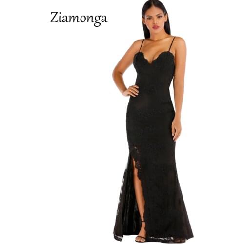 Ziamonga New Arrival Lace Long Dress Women Sleeveless V Neck Evening Party Sexy Split Night Club Maxi Dress Women Lace Vestidos