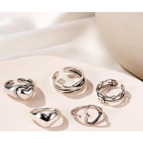 Vintage Ancient Silver Color Heart Open Rings for Women Punk Hip Hop Adjustable Finger Ring Party Jewelry Gifts