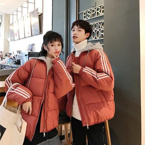 2019 Real New Pattern Korean Stripe Lovers Dress Men And Women Bread Serve Down Cotton Easy Student Bf Loose Coat Woman