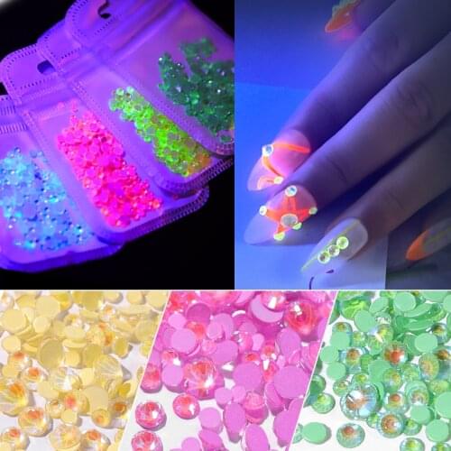 1Pack Mix ss6-ss20 Fluorescent Crystal Luminous Non Hotfix Nail Neon Rhinestones Glow In Dark 3D Strass Gem Nail Art Decorations