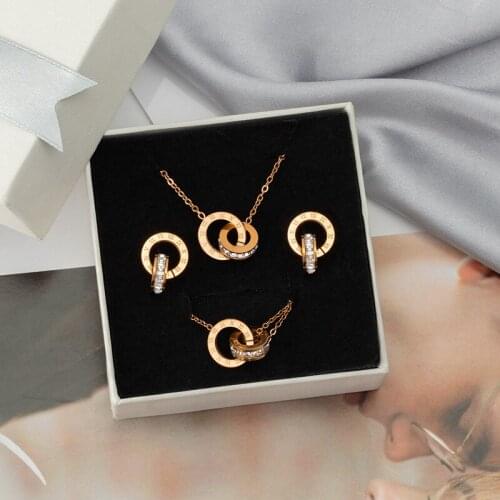 2021 Fashion Luxury Elegant Roman Numeral Crystal Female Stainless Steel Jewelry 3Pcs/Sets Bracelet+Earrings+Necklace For Women