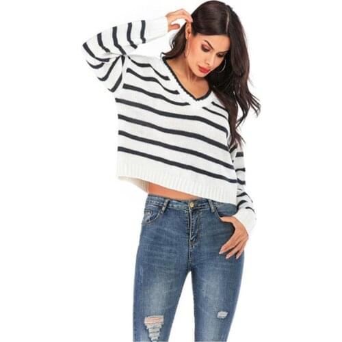 AECU Women Autumn Sweaters And Pullover Striped V Neck Jumpers Oversized Pullover Female Sweater Long Sleeve Pull Femme Hiver