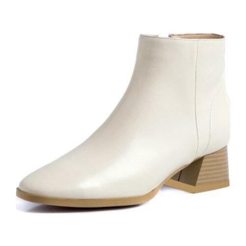 Short Martin Boots Women Square Toe Chunky Heels Ankle Autumn Winter Genuine Leather Solid Short Plush Shoes for Ladies