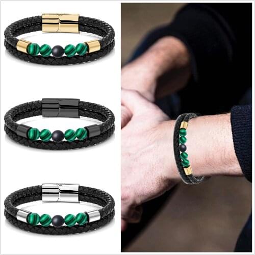 Retro Style Black Genuine Leather Bracelet Natural Ore Stone Beaded Magnetic Clasp Rope Bracelets for Men Women Jewelry Gift