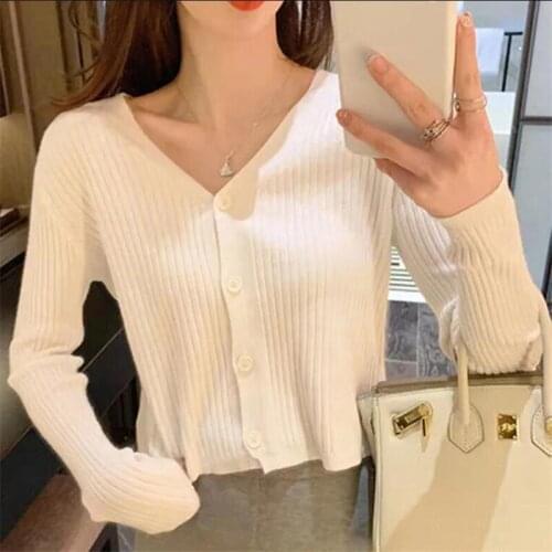 Womens Sweater Autumn Fashion Cardigan V-neck Knitted Top Women Long Sleeve Button Solid Basic Lady Loose outwear Knit Sweater