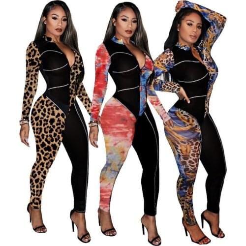 Patchwork Leopard Long Jumpsuit Sexy V Neck Zipper Up Rompers Club Onesies Women Party Wear Long Sleeve Bodycon Overalls