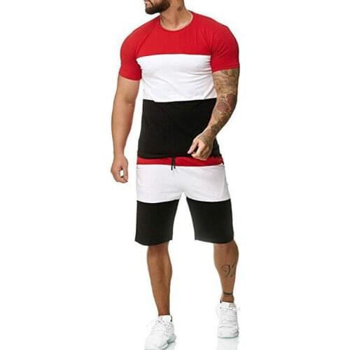 Stitching Short-sleeved Suit Mens Casual Suit Quick-drying Sports Suit Mens Sweat Suits + Sweat Pants Two Piece Set Summer