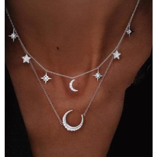 Miss JQ Multilayer Rhinestone Moon Pendant Necklaces For Women Vintage Charm Choker Necklace Statement Party Jewelry Accessories