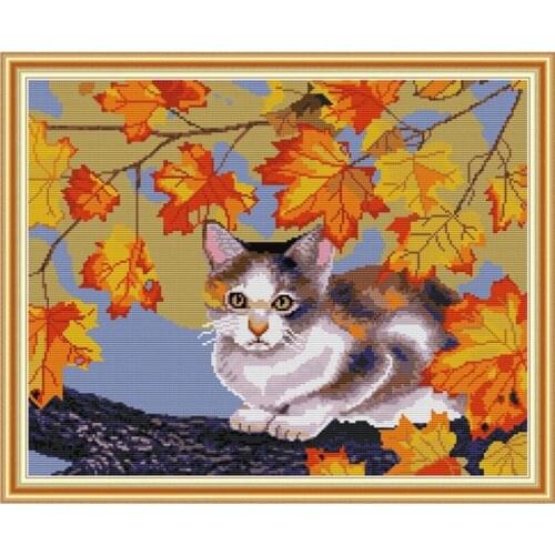 Cat and maple cross stitch kit aida 14ct 11ct count print canvas cross stitches needlework embroidery DIY handmade
