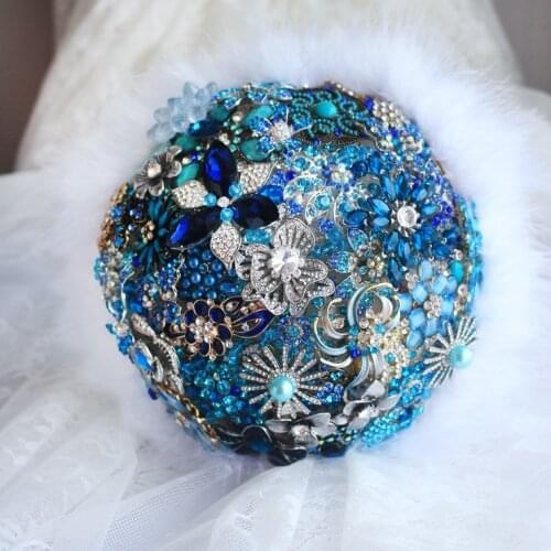 Sky Blue & Midnight Blue bridal brooch bouquet , sapphire Wedding Bride 's Bouquet, Jewelry feather bridal brooch bouquets