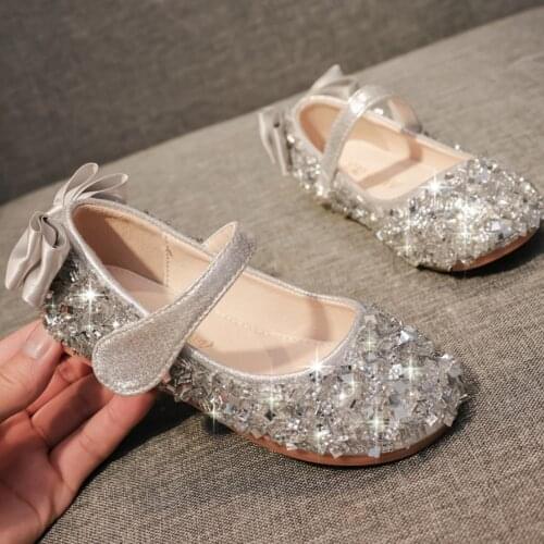 New Baby Girls Princess Shoes Crystal Round Head Girls PU Leather Shoes Kids Children Bowknot Shoes For Party and Wedding