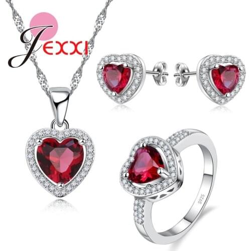 New Arrival Fashion 925 Sterling Silver Jewelry Set Charm Red Heart Necklace + Earrings + Ring Sets Wholesale