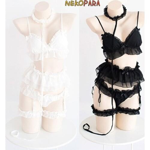 Sexy Cute Pure Color Fairy Kei Womens Lolita Exotic Apparel 5Pcs Lingerie Set Transparent Chiffon White & Black