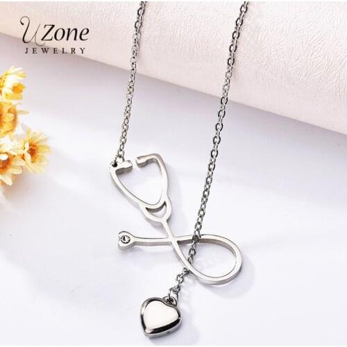 UZone Classic Gold/Steel/Rose Gold Stainless Steel Lariat Heart Pendant Stethoscope Necklace Nurse Doctor Medical Necklace