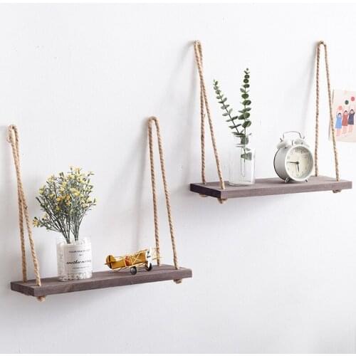 42CM Simple Wall Wooden Handging Shelf Rectangle Room Decorative Partition Wood Storage Rack With Rope
