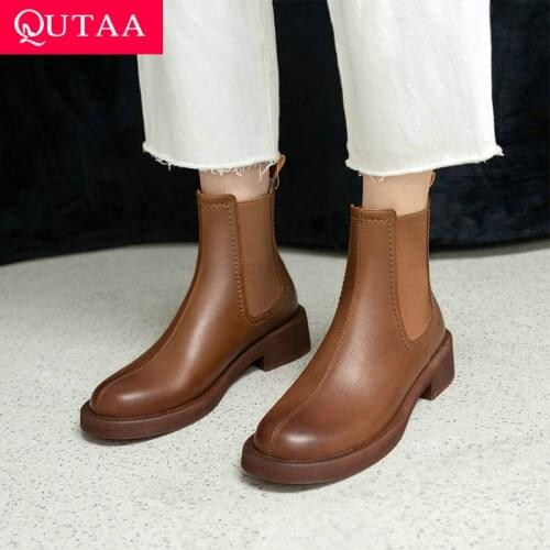 QUTAA 2022 Autumn Winter Ankle Boots Round Toe Concise Women Shoes Square Med Heel Zipper Short Chelsea Boots Size 34-40