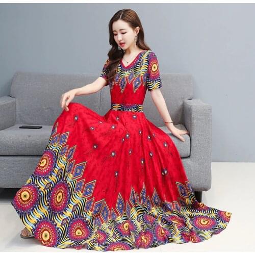 Plus Size 4XL Robes 2021 Summer Dress Female Short Sleeve Slim Temperament Printing Long Dress Retro Fashion Boho Party Clothing