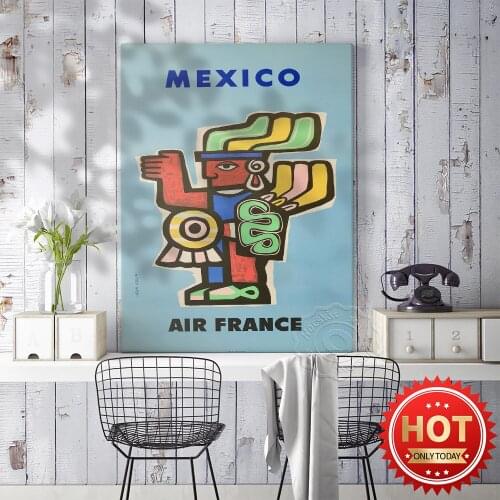 Air France Retro Poster, Mexico Colin Wall Art, Mayan Figure Prints Art, Mayan Women Feather Poster, Vintage Art Wall Picture