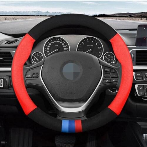 All Season Suede Genuine Leather Car Steering Wheel Cover Black Red 38cm Universal Auto Steering-wheel Cover Car Accessories