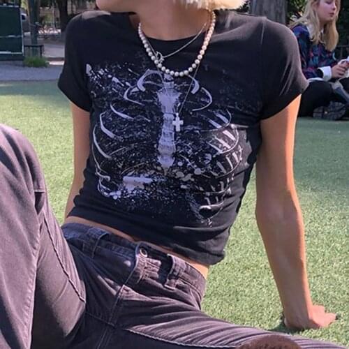 Punk streetwear 90s vintage short-sleeved T-shirt female gothic Harajuku grunge graphic print y2k aesthetic crop top summer slim