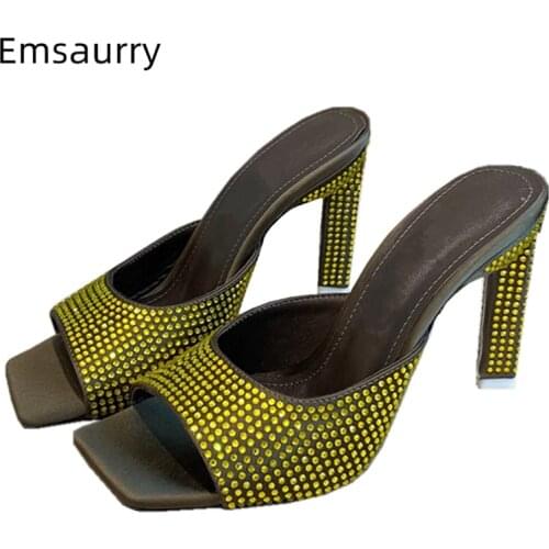 Diamond Rhinestone Slingbacks Mules For Girls Unique Triangle High Heel Square Open Toe Luxury Satin Summer Sandals Women