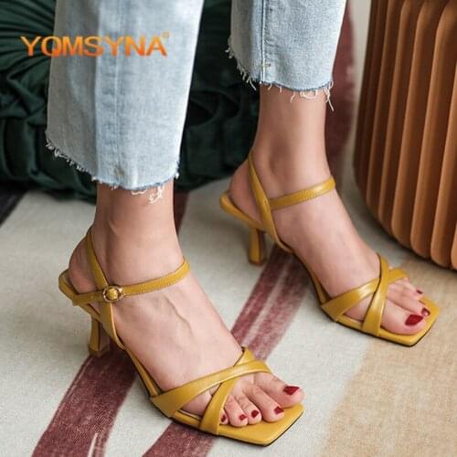 YQMSY Fashion Womens Sandals Concise Thin Heels Buckle Strap Open Toe Sandals Summer Genuine Leather Dress Ladies Shoes AS26