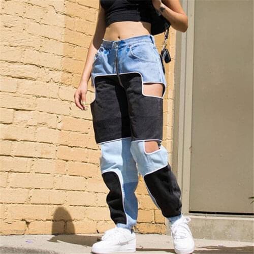 2019 Streetwear Hollow Out Zipper Pants Women Vintage High Waist Harem Pants Trousers Casual Loose Spring Summer Pants W48