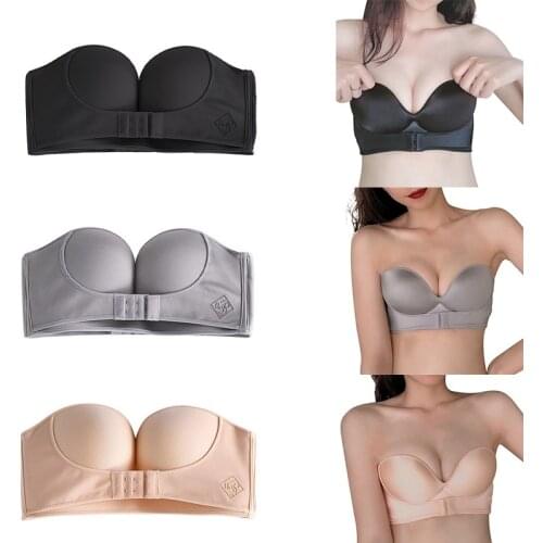 Women Sport Bra Gather Strapless Bra Super Push Up Bra Sexy Lingerie Invisible Brassiere With Adjustable Shoulder Front Closure