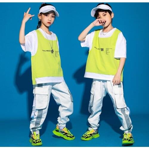 Kids Short Sleeved Loose White Pants Suit Jazz Performance Costumes Children Modern Dance Hip Hop Dance Rave Clothes DQS7164