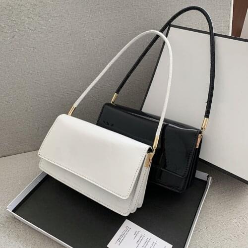 Elegant Ladies Pure Color Subaxillary Bags Shiny Patent PU Leather Shoulder Bags for Women Small Flap Handbags