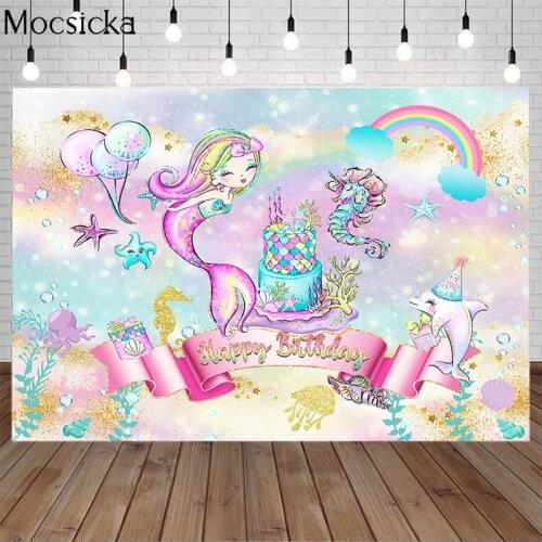 Mermaid Happy Birthday Photography Background Under The Sea Mermaid Girl Birthday Cake Decoration Banner Glitter Colorful Studio