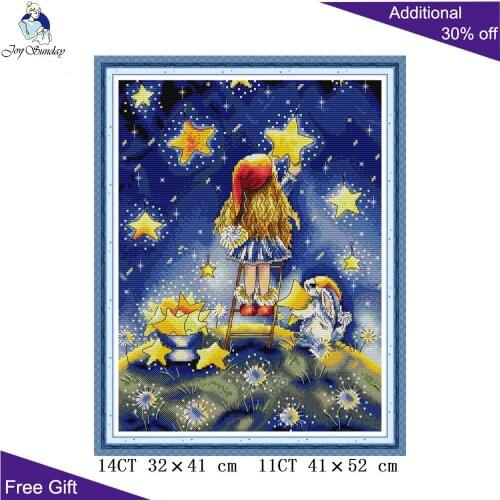 Joy Sunday Girl Picking Stars Cross Stitch RA347 14CT 11CT Counted and Stamped Home Decoration Girl Cross Stitch Kits