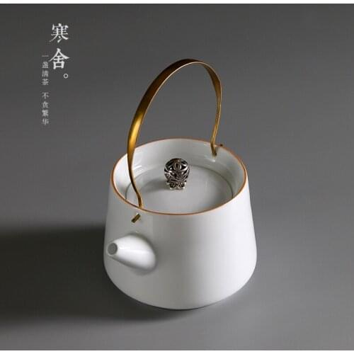 Japanese Teapot Ceramic Kungfu Teaware Small Teapot White Porcelain Single Household Teapot Bronze Handle Lifting Beam Pot