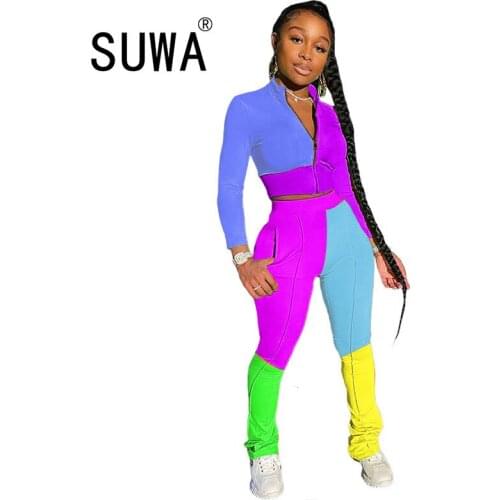 Contrast Neon Workout Clothes Track Jogger Suit For Women 2 Piece Outfits Long Sleeve Top Skinny Jogger Leggings Matching Sets