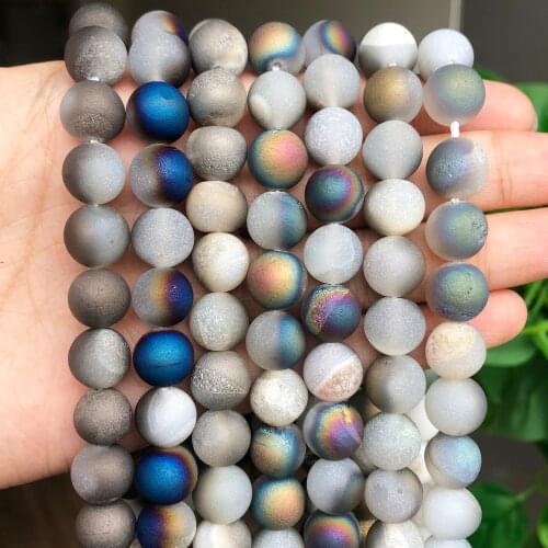 6 8 10mm Round Loose Metallic Coated Druzy Agates Natural Stone Beads For DIY Necklace Bracelet Earring Jewelry Making 15"inches