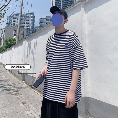 Summer Striped Short-Sleeved T-Shirt Men Harajuku British Style All-Match Round Neck Top Fashion Hip-Hop Loose Cotton Streetwear