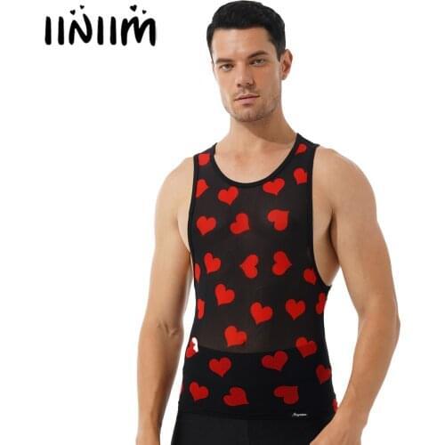 Summer Streetwear Men Underwear Fashion Heart Print See-Through Mesh Tank Top Breathable Round Neck Sleeveless T-shirt Vest Tops