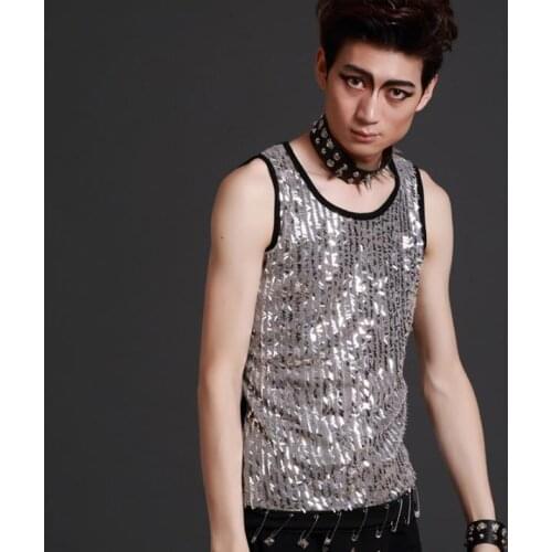 Male silver sequins vest men punk rock costumes round collar singer dance stage star fashion 2020 style personality slim clothes