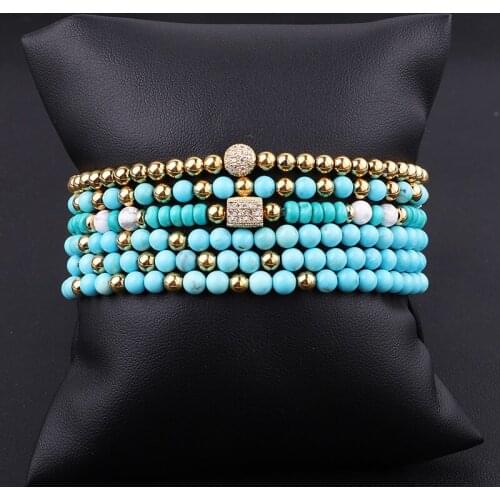 New Fashion 4mm Natural Stone Blue Turquoise Beaded CZ Pave Ball Charm Elastic Bracelet For Women Men Jewelry Gift