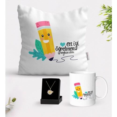 Personalized Best Teacher White Mug Cushion and Is Daisy Necklace Gift Seti-10