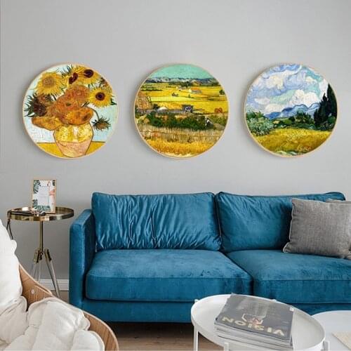 Famous Van Gogh Canvas Poster Abstract Starry Night and Sunflowers Painting Wall Art Round Pictures for Living Room Home Decor