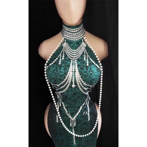 Women Sexy Dark Green Pearl Cheongsam Dress Backless Dress Gogo Nightclub Performance Evening Dress Festival Costumes XS1793