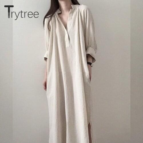 Trytree 2020 Spring Autumn Dress Women Casual Stand Collar Three Quarter Lantern Sleeve Dress Mid-Calf Loose Split hem Dress